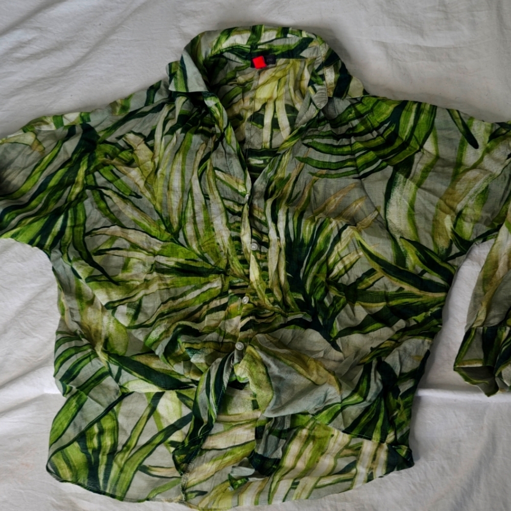 Green Leaf Tropical Print Sheer Blouse
